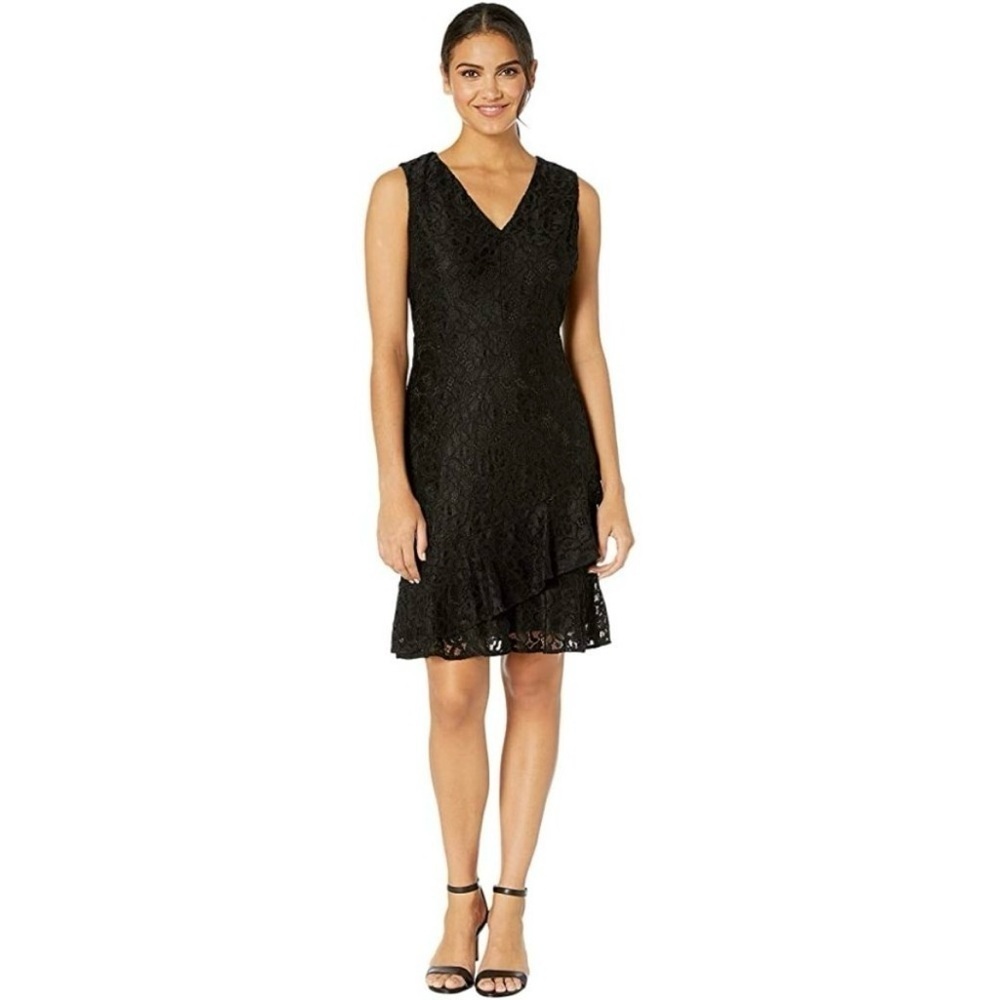 Sam Edelman Women’s Black Ruffle Tiered Lace V-neck Sleeveless Dress size 4